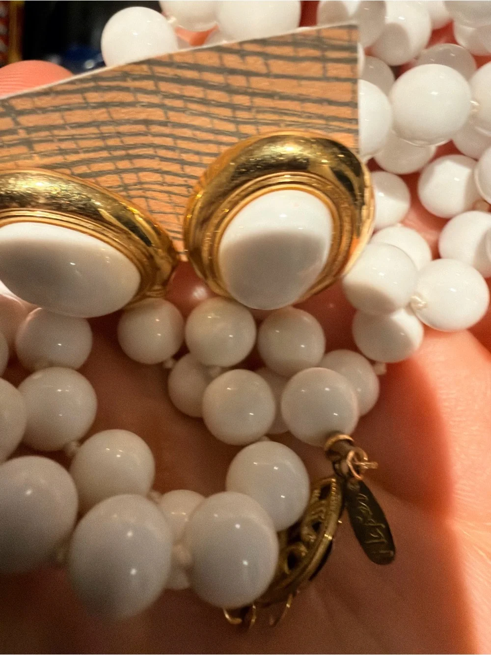 14.5 inch White Bead Napier Pearl Necklace and Monet Gold-Trim Oval Earrings Set